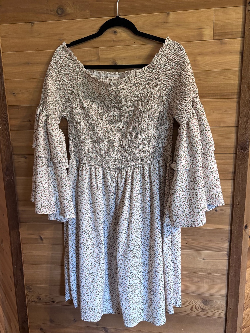 Smocked Floral Off-Shoulder Dress in Cream and Pink